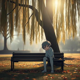 A solitary figure sitting on a park bench beneath a large, drooping willow tree, surrounded by fallen autumn leaves