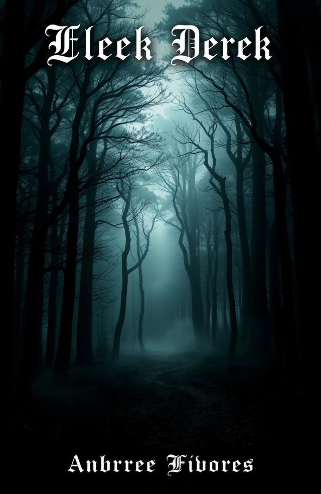 A mysterious and enchanting book cover featuring a dense black forest, with towering dark trees shrouded in mist