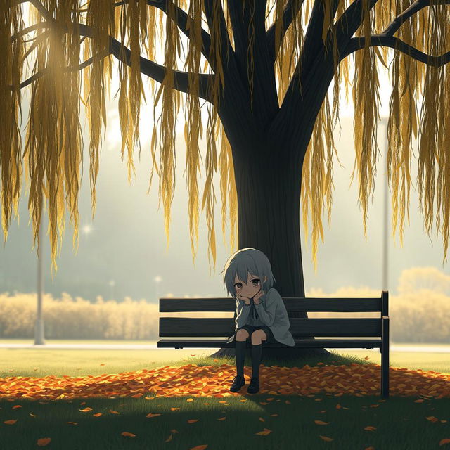 A solitary figure sitting on a park bench beneath a large, drooping willow tree, surrounded by fallen autumn leaves