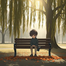 A solitary figure sitting on a park bench beneath a large, drooping willow tree, surrounded by fallen autumn leaves