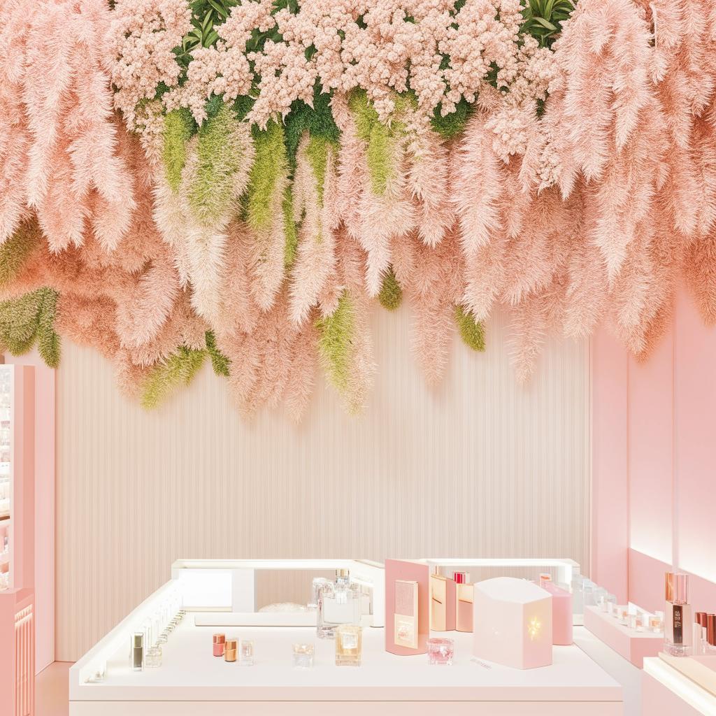 A chic perfume store featuring a white wall densely covered with fake plants. Further elements include soft pink accents and warm wood against a white backdrop.