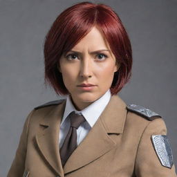 A portrait of a 37-year-old, red-haired lady dressed in the distinctive uniform from Attack on Titan, exuding a strong and determined character.