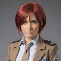 A portrait of a 37-year-old, red-haired lady dressed in the distinctive uniform from Attack on Titan, exuding a strong and determined character.