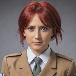 A portrait of a 37-year-old, red-haired lady dressed in the distinctive uniform from Attack on Titan, exuding a strong and determined character.