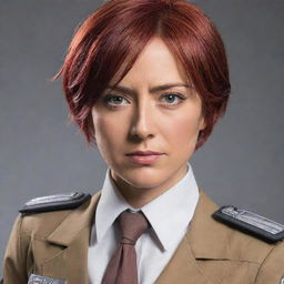 A portrait of a 37-year-old, red-haired lady dressed in the distinctive uniform from Attack on Titan, exuding a strong and determined character.