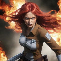 A striking image of a 37-year-old, long, flaming red-haired lady, adorned in the iconic Attack on Titan uniform, displaying an aura of power and resilience.