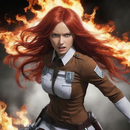 A striking image of a 37-year-old, long, flaming red-haired lady, adorned in the iconic Attack on Titan uniform, displaying an aura of power and resilience.