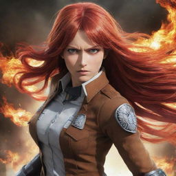 A striking image of a 37-year-old, long, flaming red-haired lady, adorned in the iconic Attack on Titan uniform, displaying an aura of power and resilience.