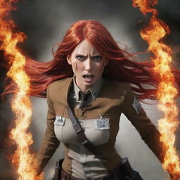 A striking image of a 37-year-old, long, flaming red-haired lady, adorned in the iconic Attack on Titan uniform, displaying an aura of power and resilience.