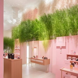 A chic perfume store featuring a white wall densely covered with fake plants. Further elements include soft pink accents and warm wood against a white backdrop.