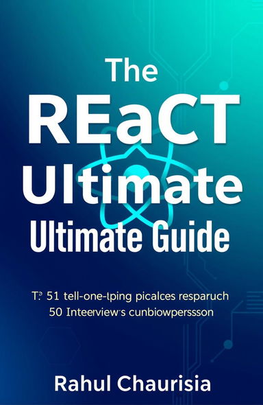 A modern and visually appealing book cover for a tech book titled 'The React Ultimate Guide' with a subtitle '31 Machine Coding Challenges and 50 Interview Questions and Answers'