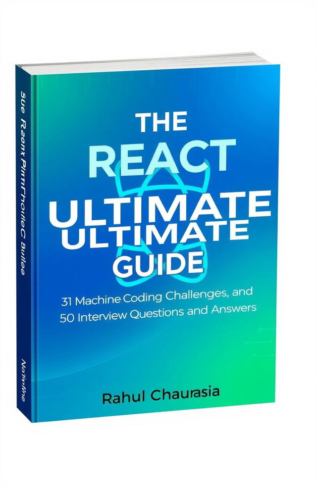 A modern and visually appealing book cover for a tech book titled 'The React Ultimate Guide' with a subtitle '31 Machine Coding Challenges and 50 Interview Questions and Answers'