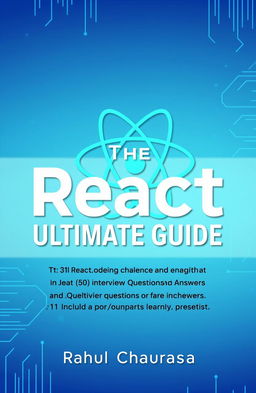 A modern and visually appealing book cover for a tech book titled 'The React Ultimate Guide' with a subtitle '31 Machine Coding Challenges and 50 Interview Questions and Answers'