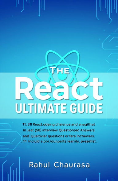 A modern and visually appealing book cover for a tech book titled 'The React Ultimate Guide' with a subtitle '31 Machine Coding Challenges and 50 Interview Questions and Answers'