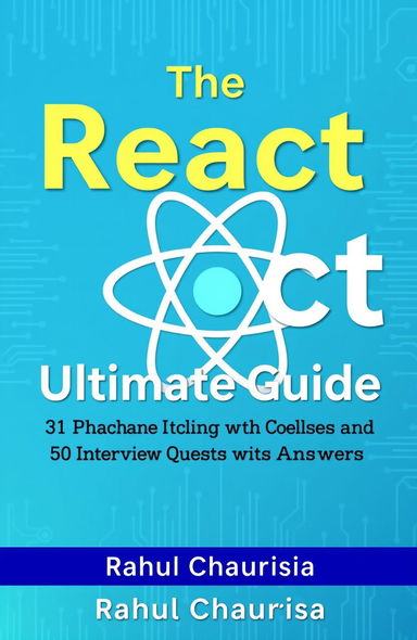 A modern and visually appealing book cover for a tech book titled 'The React Ultimate Guide' with a subtitle '31 Machine Coding Challenges and 50 Interview Questions and Answers'
