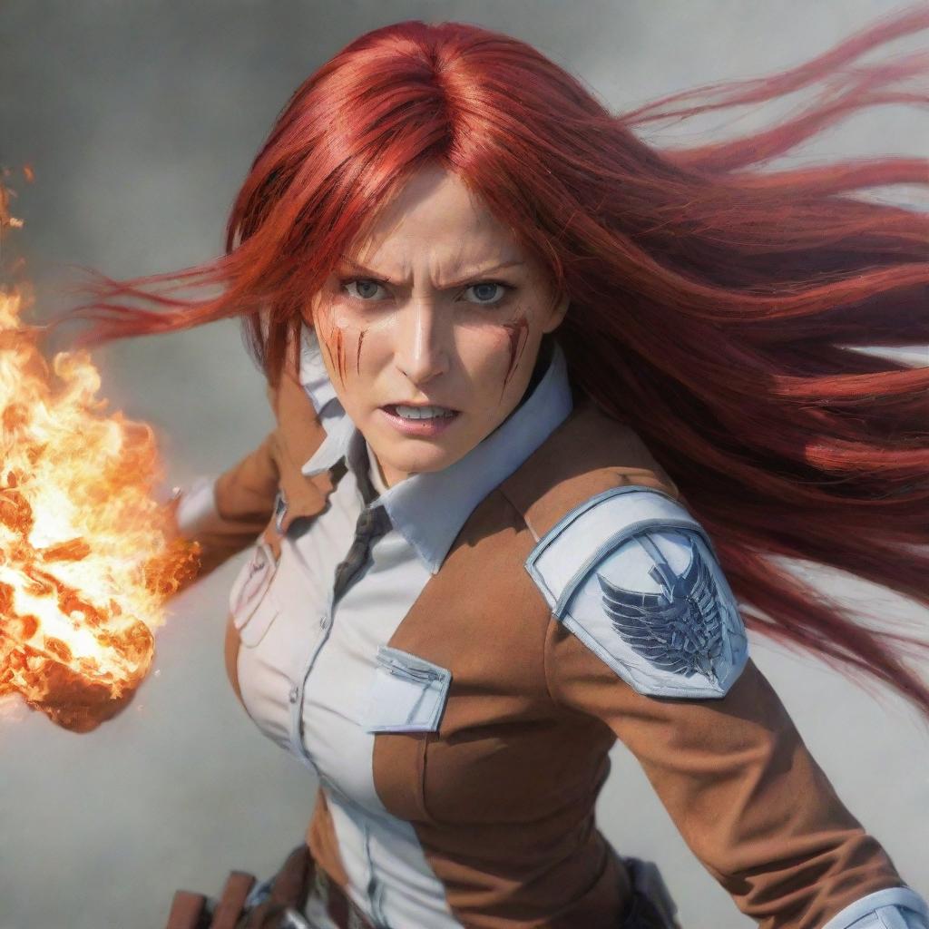 An image of a middle-aged lady with long, fiery red hair, donned in an Attack on Titan-style uniform, embodying a spirit of determination and courage.