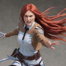 An image of a middle-aged lady with long, fiery red hair, donned in an Attack on Titan-style uniform, embodying a spirit of determination and courage.