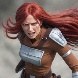 An image of a middle-aged lady with long, fiery red hair, donned in an Attack on Titan-style uniform, embodying a spirit of determination and courage.