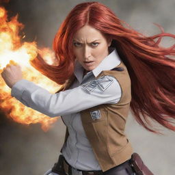 An image of a middle-aged lady with long, fiery red hair, donned in an Attack on Titan-style uniform, embodying a spirit of determination and courage.