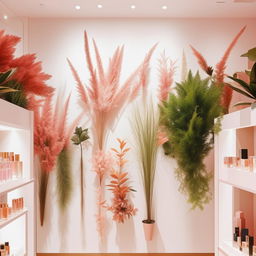 A chic perfume store featuring a white wall densely covered with fake plants. Further elements include soft pink accents and warm wood against a white backdrop.