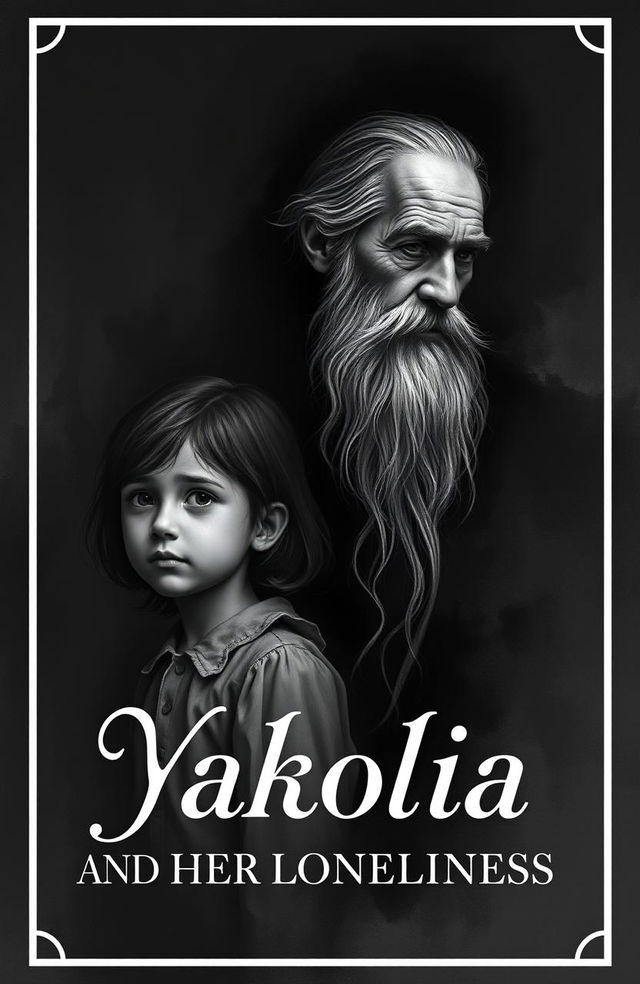 A book cover design for 'Yakolia and Her Loneliness', featuring a dark, moody atmosphere with black and white themes