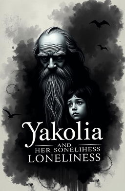 A book cover design for 'Yakolia and Her Loneliness', featuring a dark, moody atmosphere with black and white themes