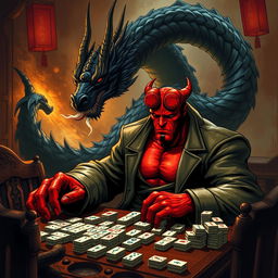 An intense and intriguing scene featuring Hellboy, the iconic comic book character, sitting at a mahjong table as he plays a game