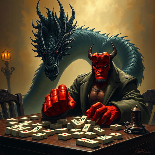 An intense and intriguing scene featuring Hellboy, the iconic comic book character, sitting at a mahjong table as he plays a game