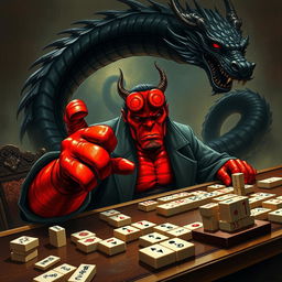 An intense and intriguing scene featuring Hellboy, the iconic comic book character, sitting at a mahjong table as he plays a game