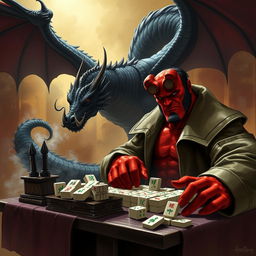 An intense and intriguing scene featuring Hellboy, the iconic comic book character, sitting at a mahjong table as he plays a game