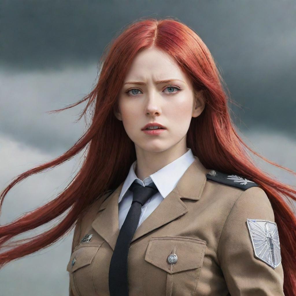 A powerful image of a lady with pale skin and long, vivid red hair, dressed in a uniform from Attack on Titan, emanating resilience and bravery.