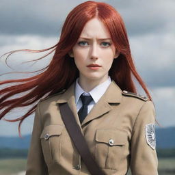 A powerful image of a lady with pale skin and long, vivid red hair, dressed in a uniform from Attack on Titan, emanating resilience and bravery.