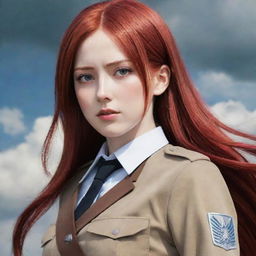 A powerful image of a lady with pale skin and long, vivid red hair, dressed in a uniform from Attack on Titan, emanating resilience and bravery.