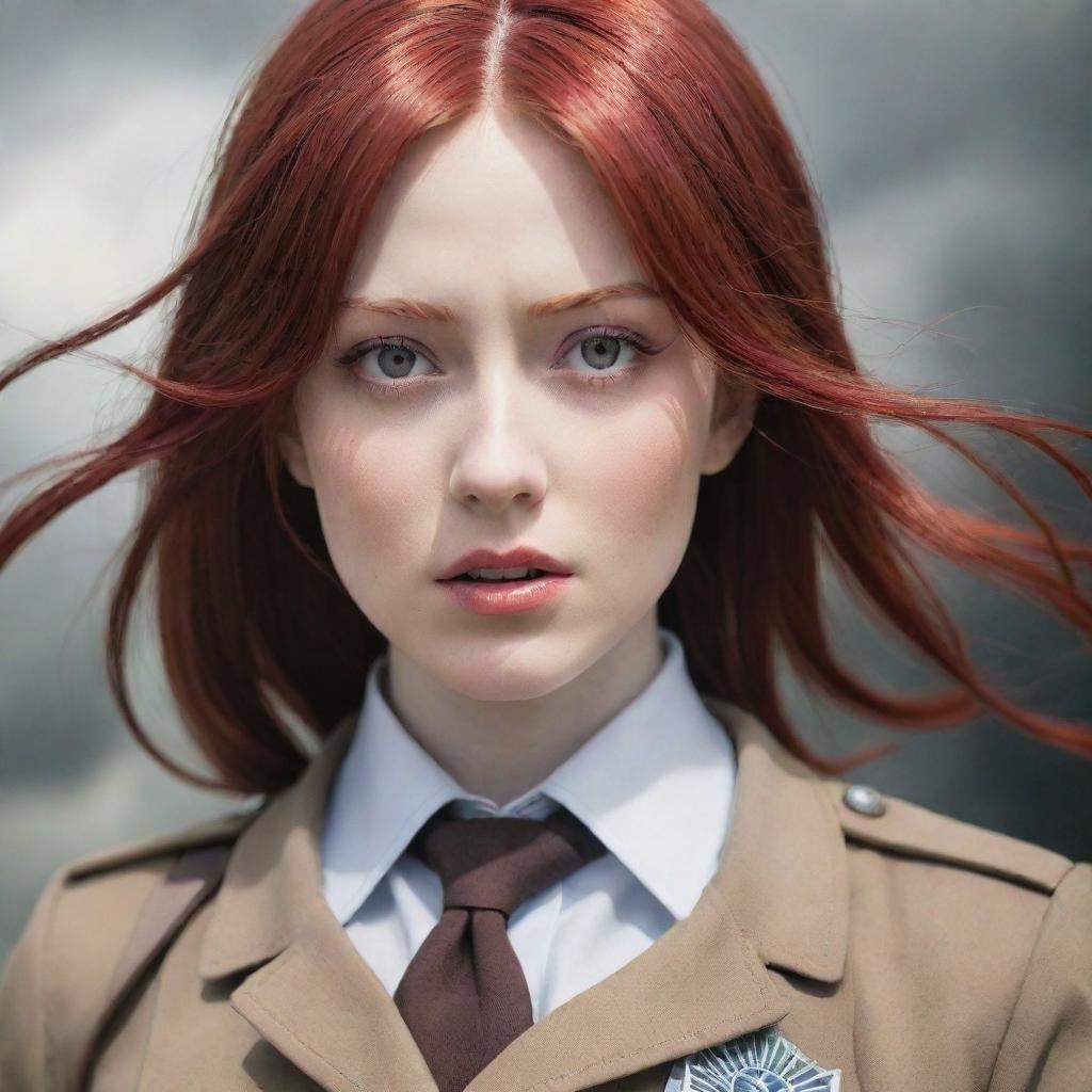 A powerful image of a lady with pale skin and long, vivid red hair, dressed in a uniform from Attack on Titan, emanating resilience and bravery.