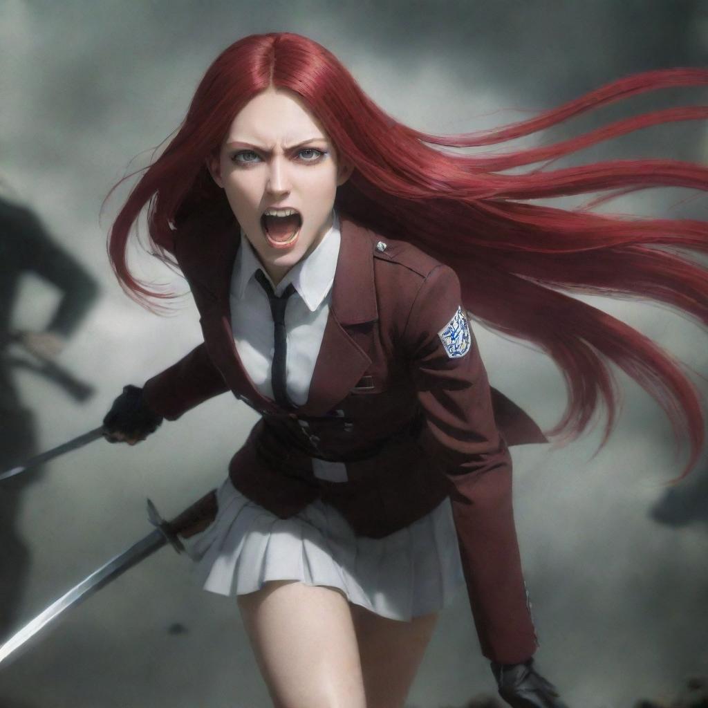 An atmospheric image of a lady with vampire-like pale skin and long, crimson hair, wearing an Attack on Titan uniform, generating an ambience of daring and audacity.