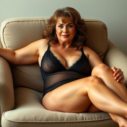 A curvy woman in her mid-60s with soft brown curls framing her face and striking hazel eyes reclines gracefully on a soft, cushioned chair