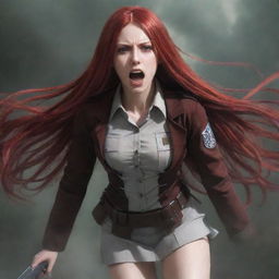 An atmospheric image of a lady with vampire-like pale skin and long, crimson hair, wearing an Attack on Titan uniform, generating an ambience of daring and audacity.