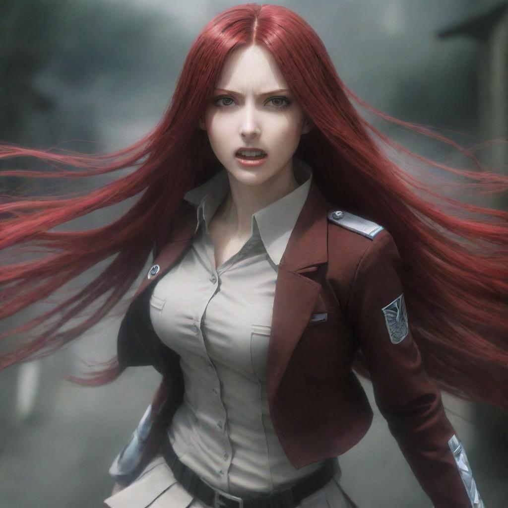 An atmospheric image of a lady with vampire-like pale skin and long, crimson hair, wearing an Attack on Titan uniform, generating an ambience of daring and audacity.