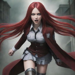 An atmospheric image of a lady with vampire-like pale skin and long, crimson hair, wearing an Attack on Titan uniform, generating an ambience of daring and audacity.