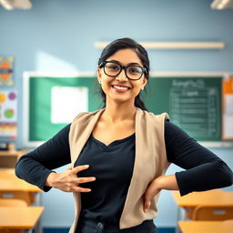A beautiful Indian female teacher standing in a classroom, with white skin, wearing glasses, confidently presenting and showing her armpits