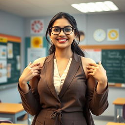 A beautiful Indian female teacher standing in a classroom, with white skin, wearing glasses, confidently presenting and showing her armpits
