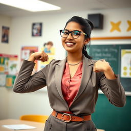 A beautiful Indian female teacher standing in a classroom, with white skin, wearing glasses, confidently presenting and showing her armpits