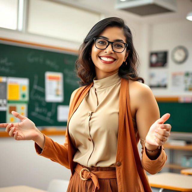 A beautiful Indian female teacher standing in a classroom, with white skin, wearing glasses, confidently presenting and showing her armpits