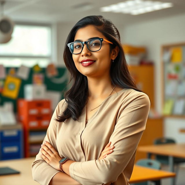 A beautiful Indian female teacher standing in a classroom, with white skin and wearing glasses