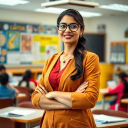 A beautiful Indian female teacher standing in a classroom, with white skin and wearing glasses