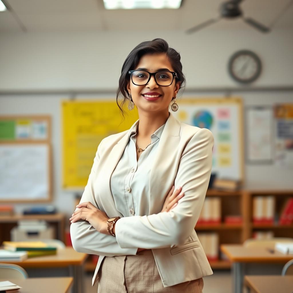 A beautiful Indian female teacher standing in a classroom, with white skin and wearing glasses