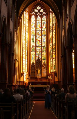 A beautiful and serene church interior, bathed in warm, golden light from stained glass windows