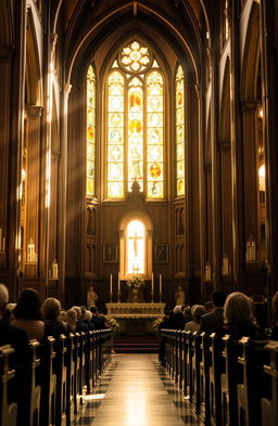 A beautiful and serene church interior, bathed in warm, golden light from stained glass windows