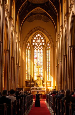 A beautiful and serene church interior, bathed in warm, golden light from stained glass windows