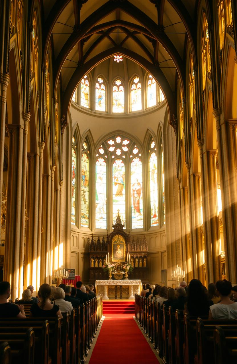 A beautiful and serene church interior, bathed in warm, golden light from stained glass windows